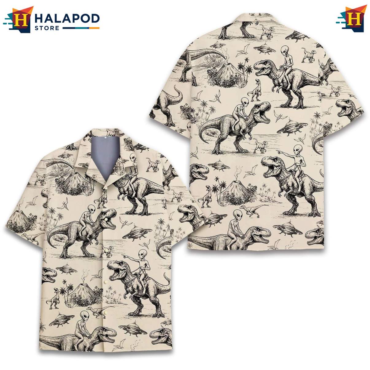 Quirky Dinosaur Alien Tropical Shirt, Beige T Rex And Alien Print Summer Button Down