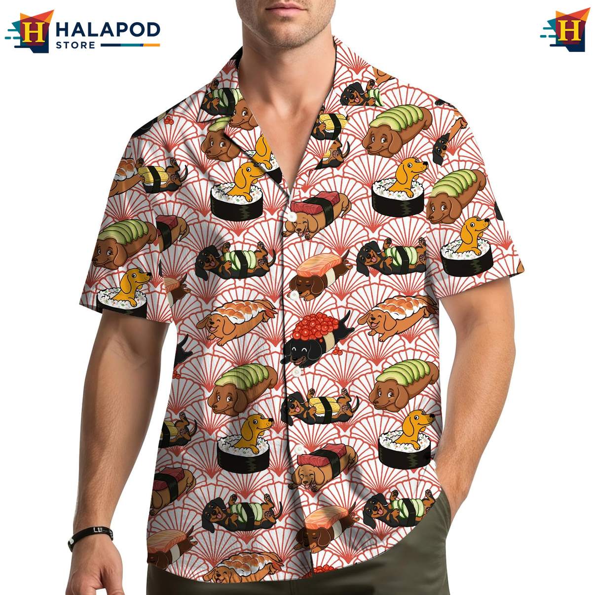 Quirky Dog Sushi Aloha Shirt, Playful Summer Shirt For Dog Lovers And Foodies
