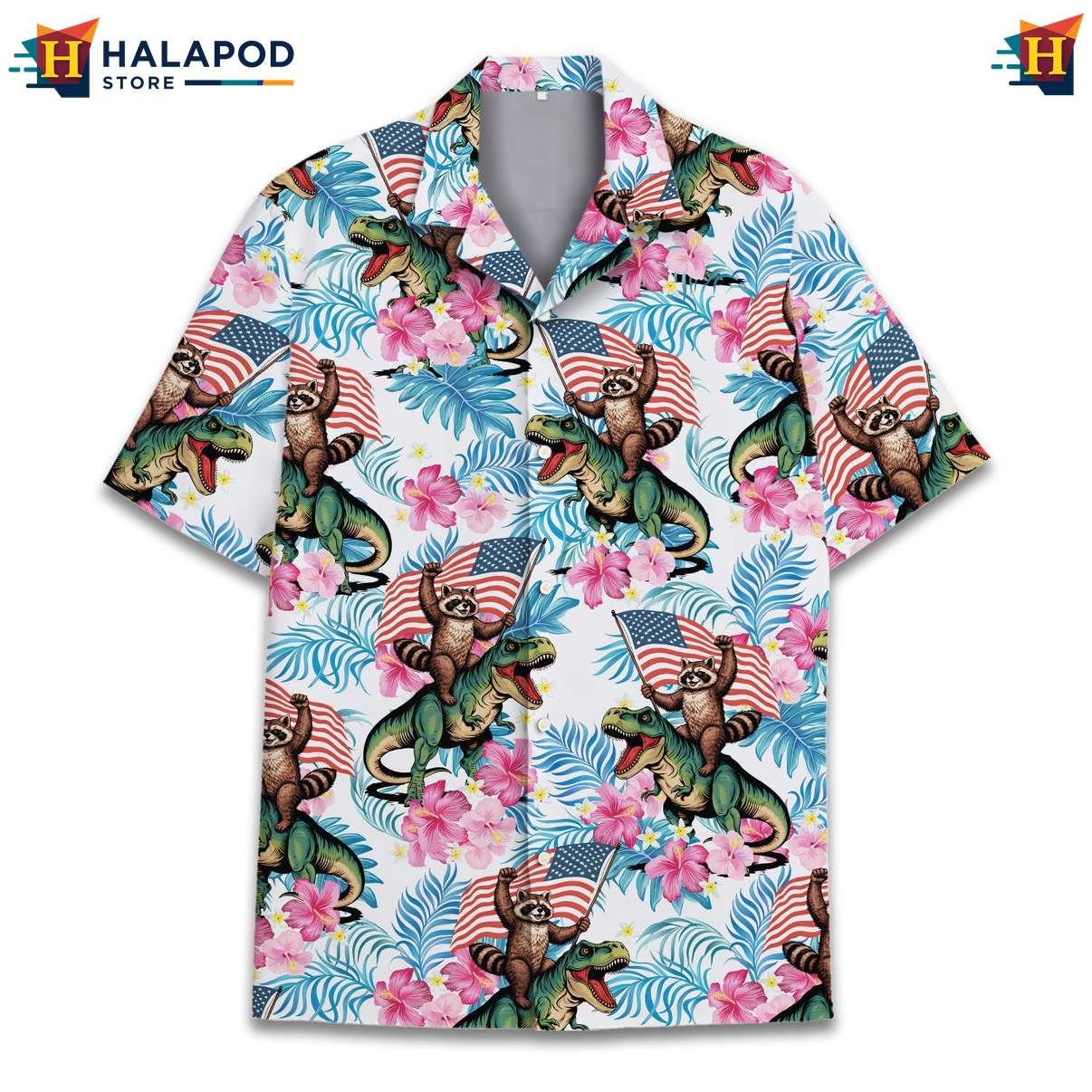 Raccoon Dinosaur Patriotic Tropical Shirt USA Flag 4th Of July Button Down