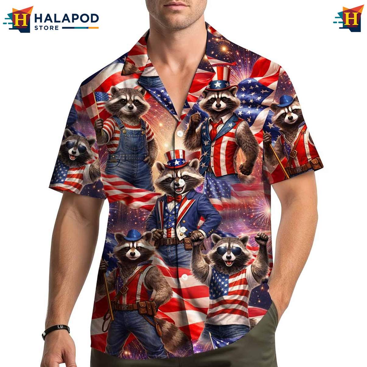 Raccoon Patriotic USA Flag Hawaiian Shirt 4th Of July Button Down Beachwear