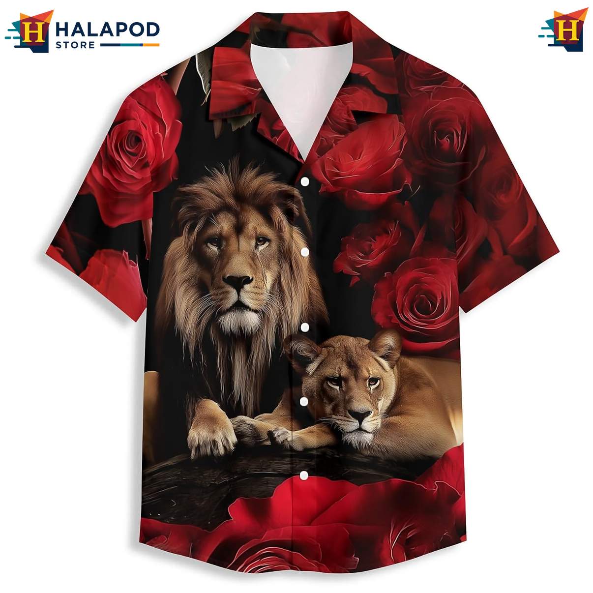 Red Flower Lion Couple Hawaiian Shirt Tropical Short Sleeve Floral Tops