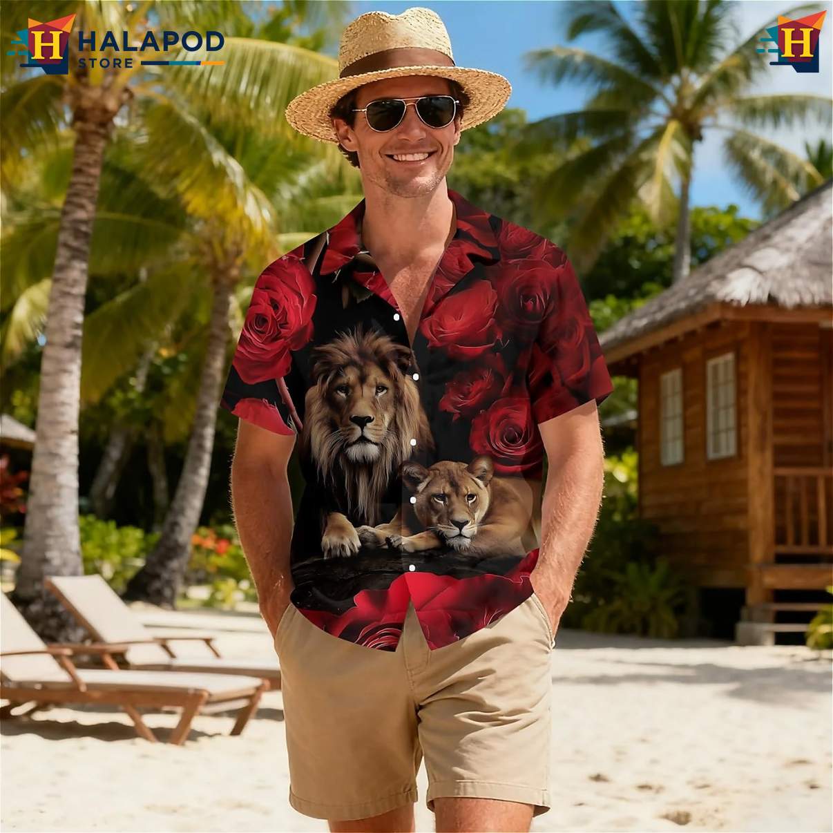 Red Flower Lion Couple Short-sleeve button-up shirt Tropical Short Sleeve Floral Tops