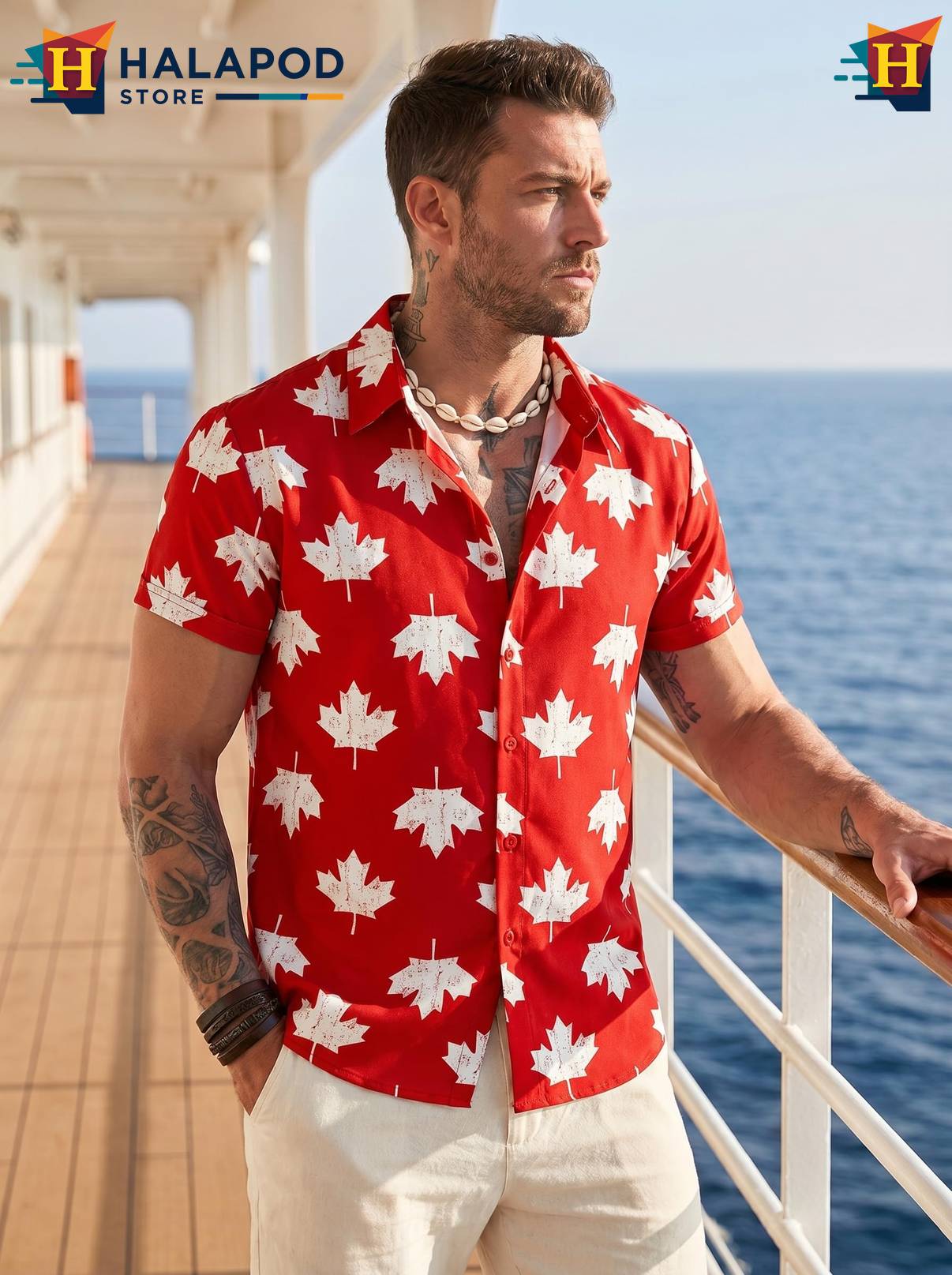 Red White Maple Tropical Shirt Mens Tropical Beach Button Down Short Sleeve
