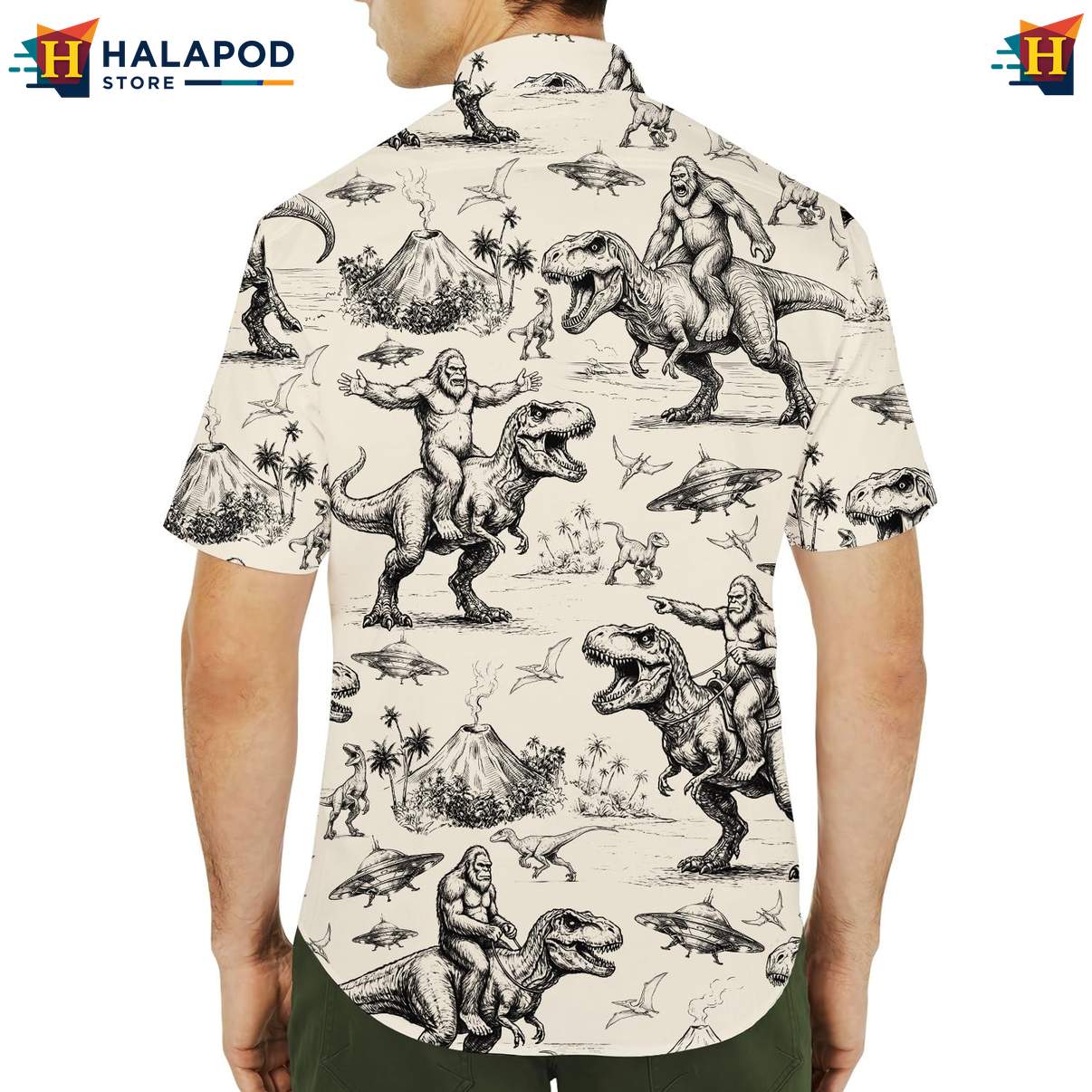 Retro Bigfoot T Rex Short-sleeve button-up shirt, Beige Vintage Novelty Shirt For Men