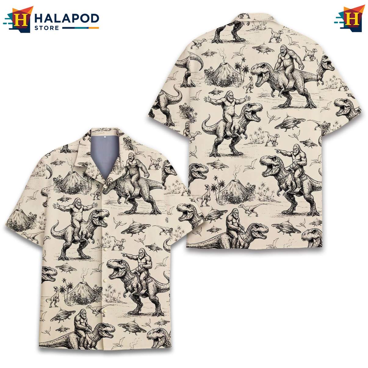 Retro Bigfoot T Rex Tropical Shirt, Beige Vintage Novelty Shirt For Men
