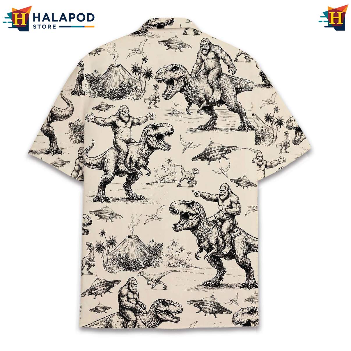 Retro Bigfoot T Rex Short-sleeve button-up shirt, Beige Vintage Novelty Shirt For Men