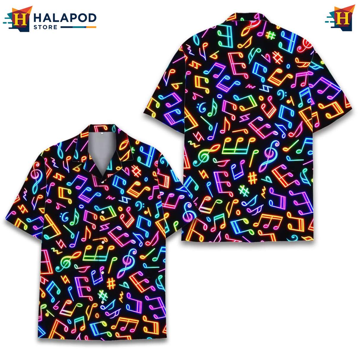 Retro Cat Short-sleeve button-up shirt, Vibrant Black Summer Shirt With Neon Musical Notes