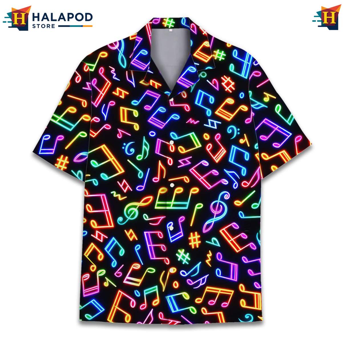 Retro Cat Tropical Shirt, Vibrant Black Summer Shirt With Neon Musical Notes