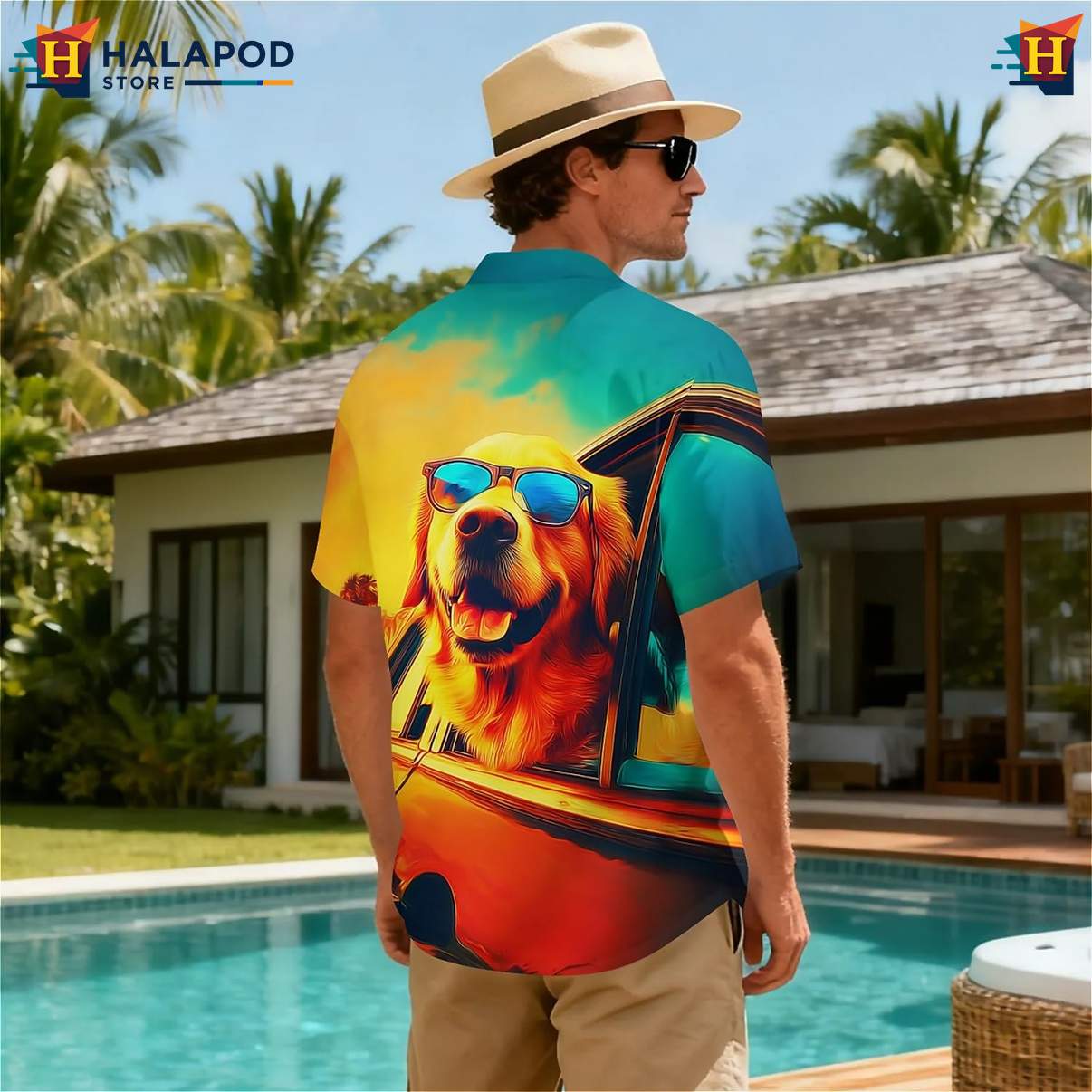 Retro Dog Drive Tropical Tropical Shirt Short Sleeve Floral Button Down