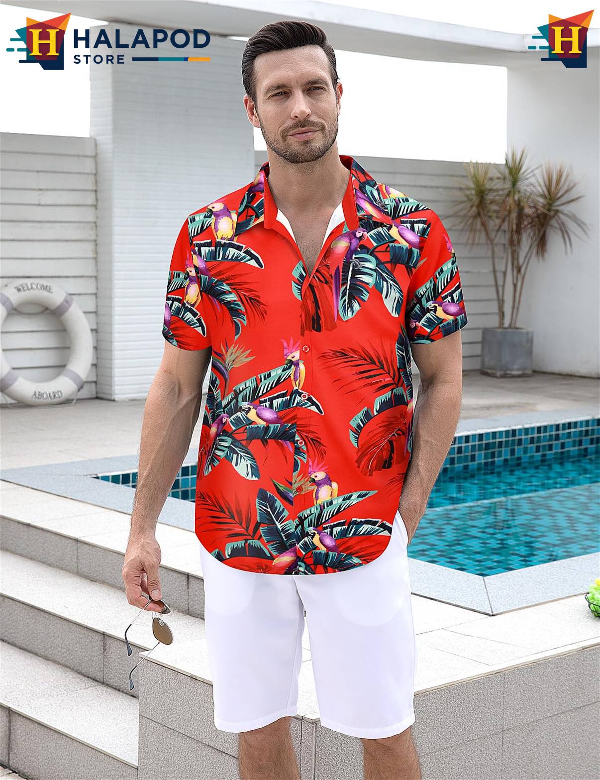 Retro Red Tropical Short-sleeve button-up shirt Mens Aloha Beach Button Down Short Sleeve