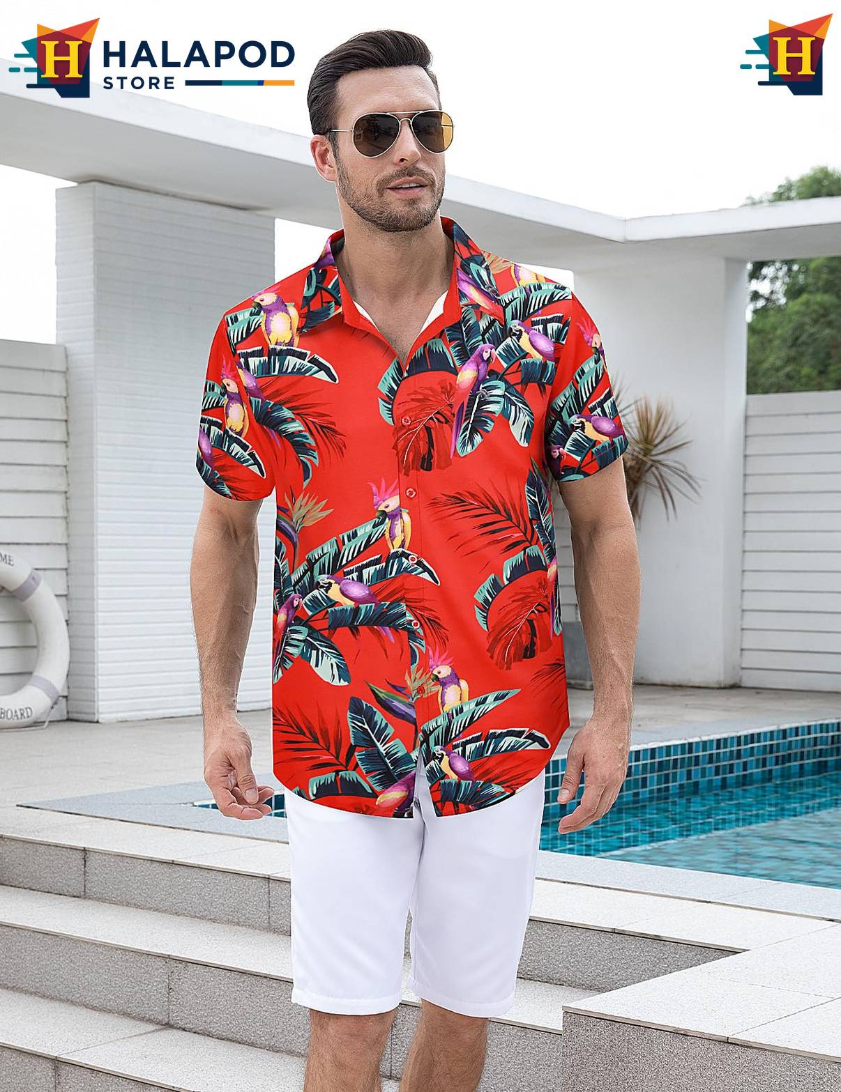 Retro Red Tropical Tropical Shirt Mens Aloha Beach Button Down Short Sleeve