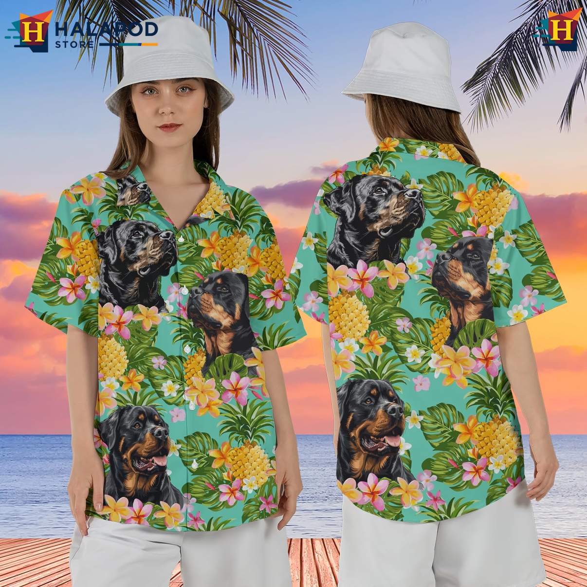 Rottweiler Dog Aloha Shirt Mens Tropical Summer Casual Button Down Tops