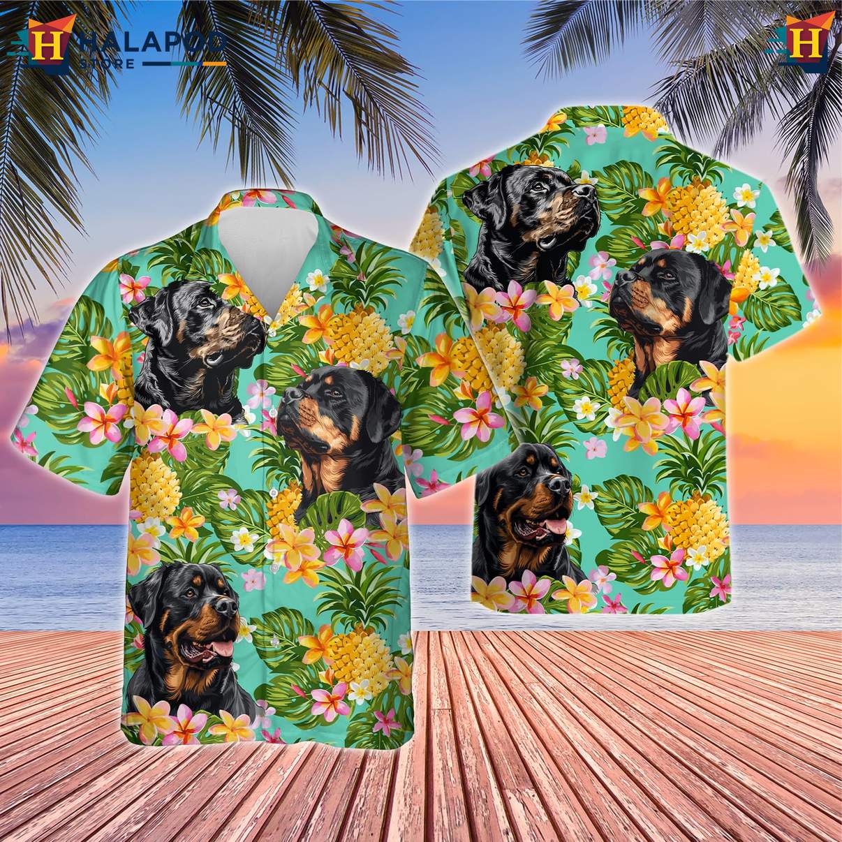 Rottweiler Dog Tropical Shirt Mens Tropical Summer Casual Button Down Tops