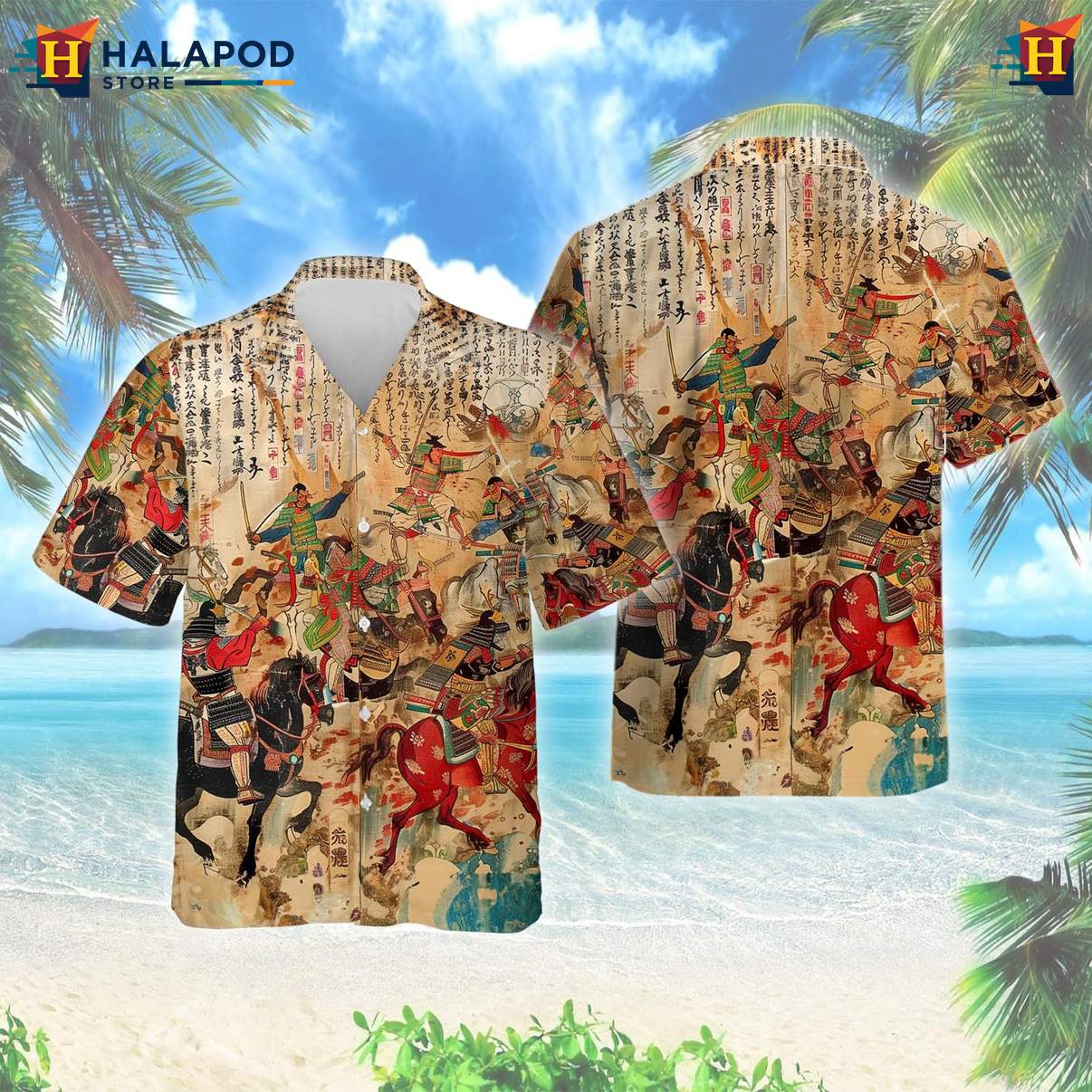 Samurai Casual Button Down Shirt Mens Japanese Warrior Hawaiian Beach Outfit