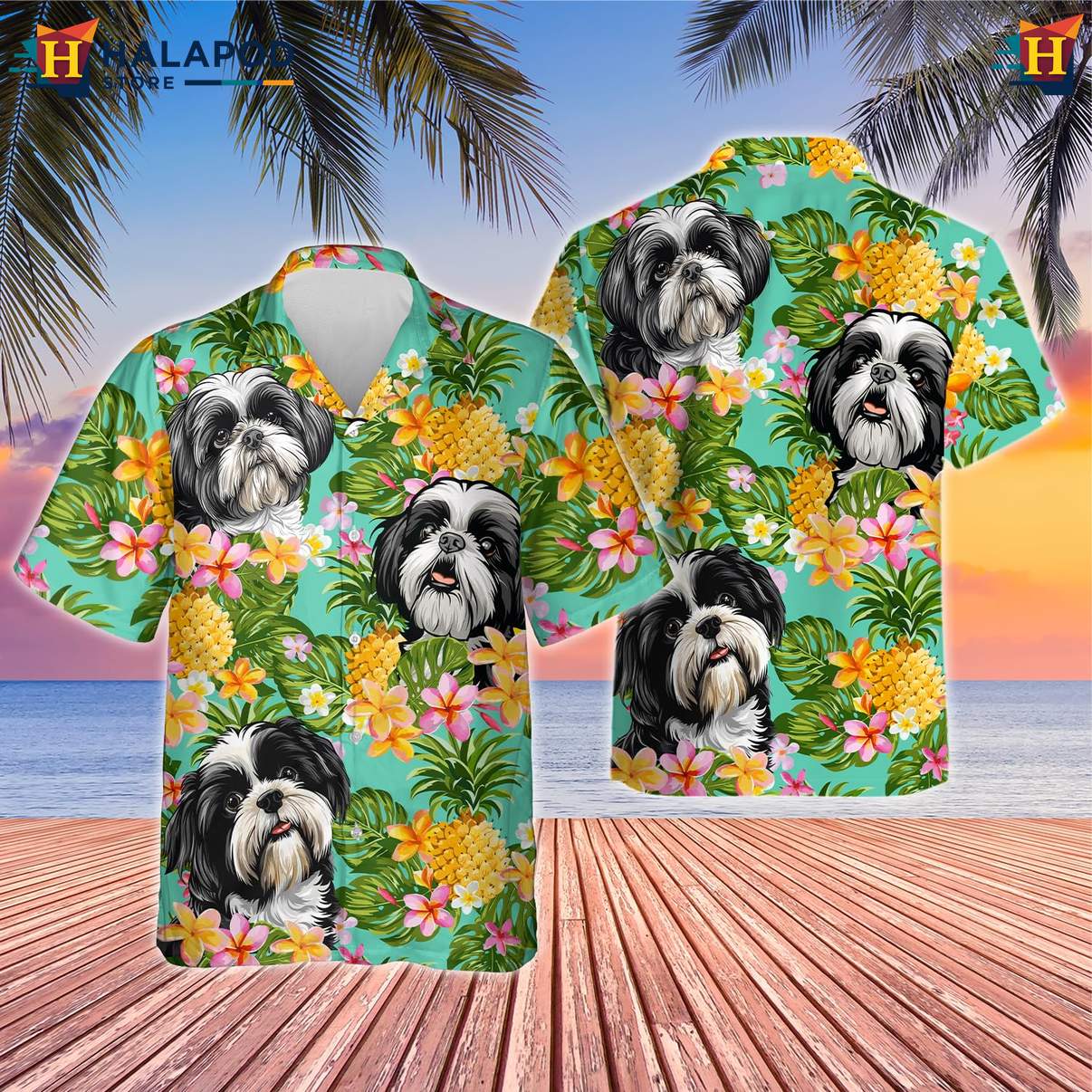 Shih Tzu Dog Tropical Shirt Mens Tropical Summer Casual Button Down Clothing