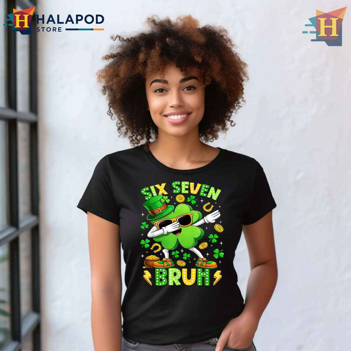 Six Seven Bruh Shamrock St Patricks Day Shirts Funny Kids Tee