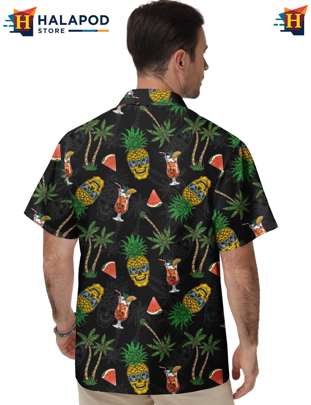 Skull Pineapple Mens Short-sleeve button-up shirt Tropical Casual Funny Short Sleeve Top