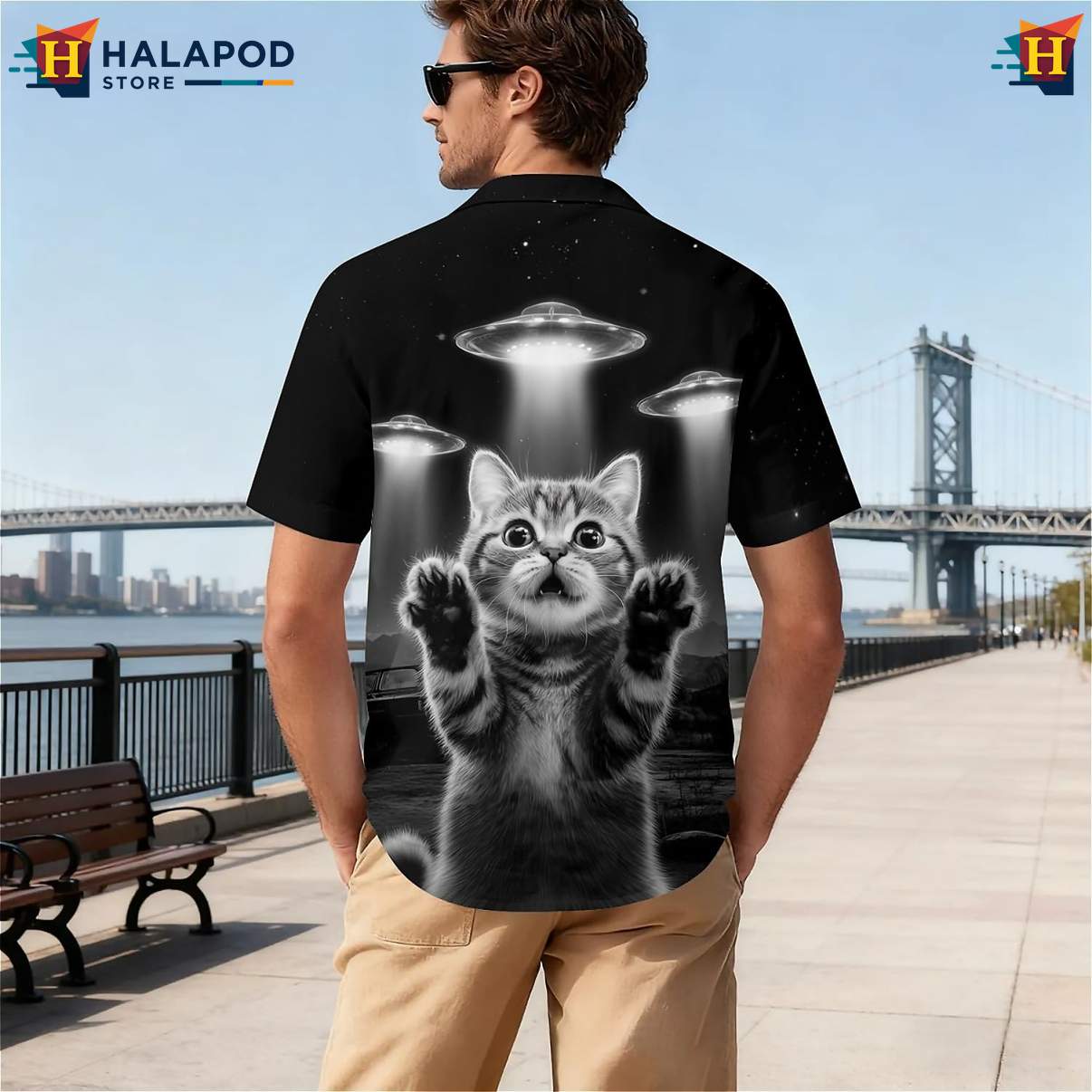 Space Cat UFO Print Tropical Shirt Tropical Short Sleeve Button Down Tops