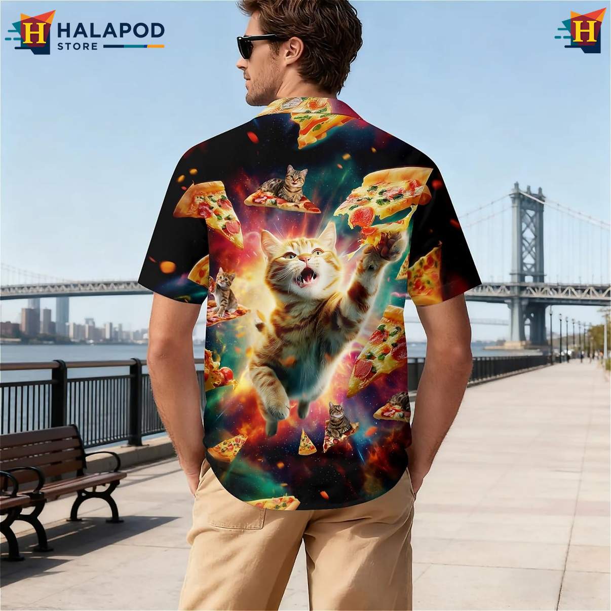 Space Pizza Cat Print Tropical Shirt Tropical Short Sleeve Button Down