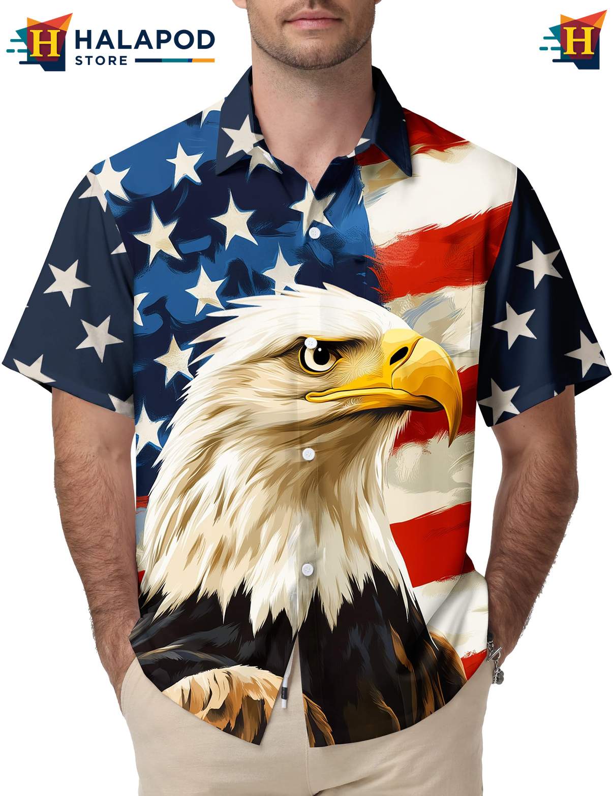 Stars Stripes Eagle Hawaiian Shirt Tropical Funny Short Sleeve Summer Top