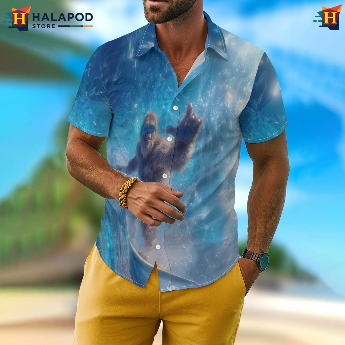 Surfing Bigfoot Mens Funny Short-sleeve button-up shirt Retro Graphic Aloha Summer Tops