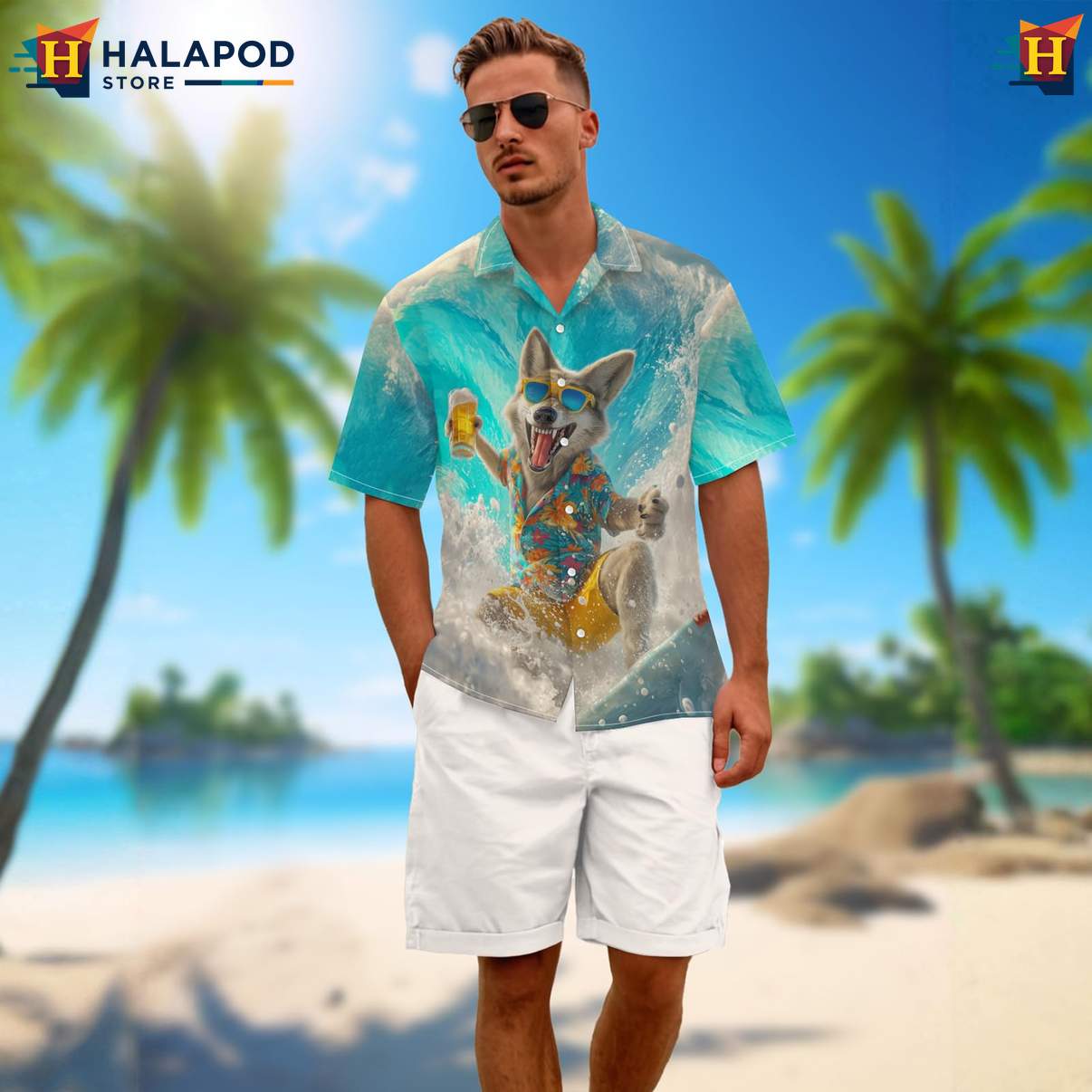 Surfing Dog Mens Funny Hawaiian Shirt Retro Graphic Aloha Summer Clothing