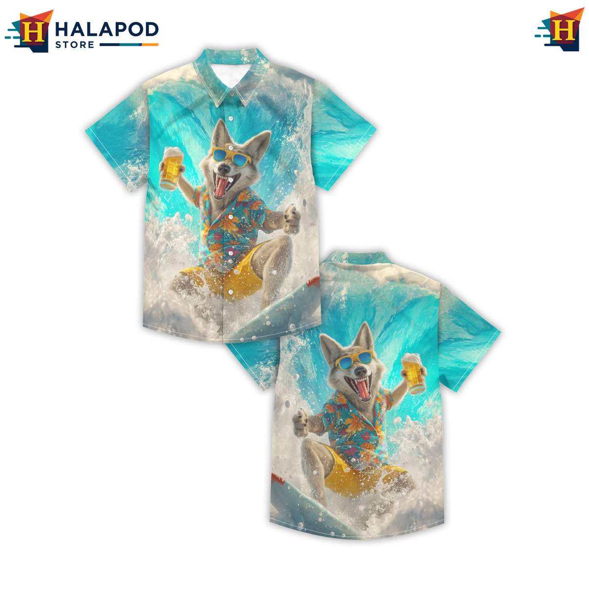 Surfing Dog Mens Funny Aloha Shirt Retro Graphic Aloha Summer Clothing