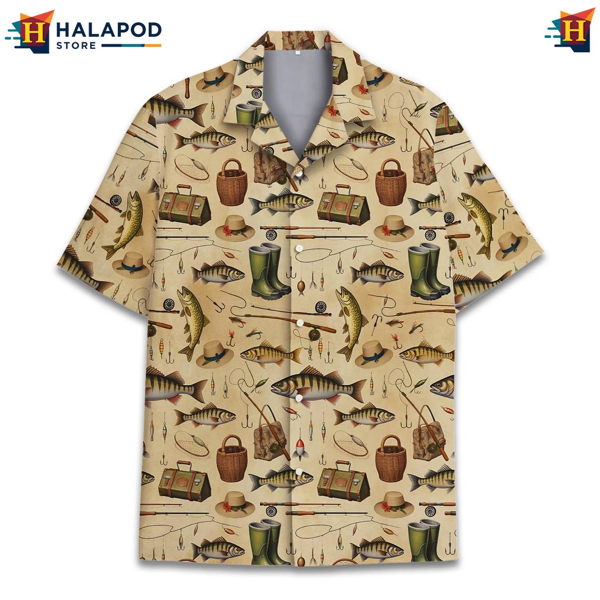 Tan Fishing Funny Hawaiian Shirt Alien UFO Short Sleeve Button Down Mens