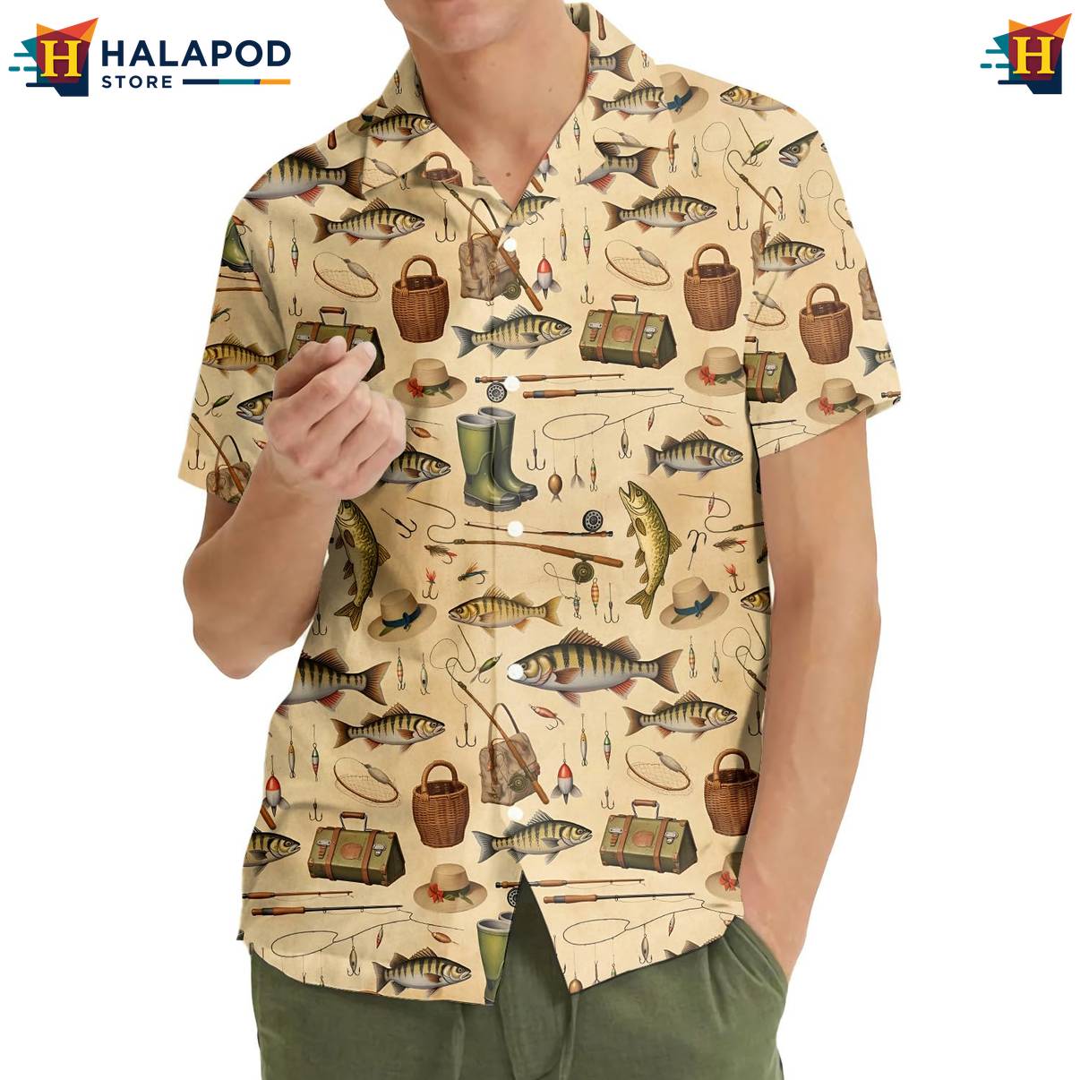 Tan Fishing Funny Aloha Shirt Alien UFO Short Sleeve Button Down Mens