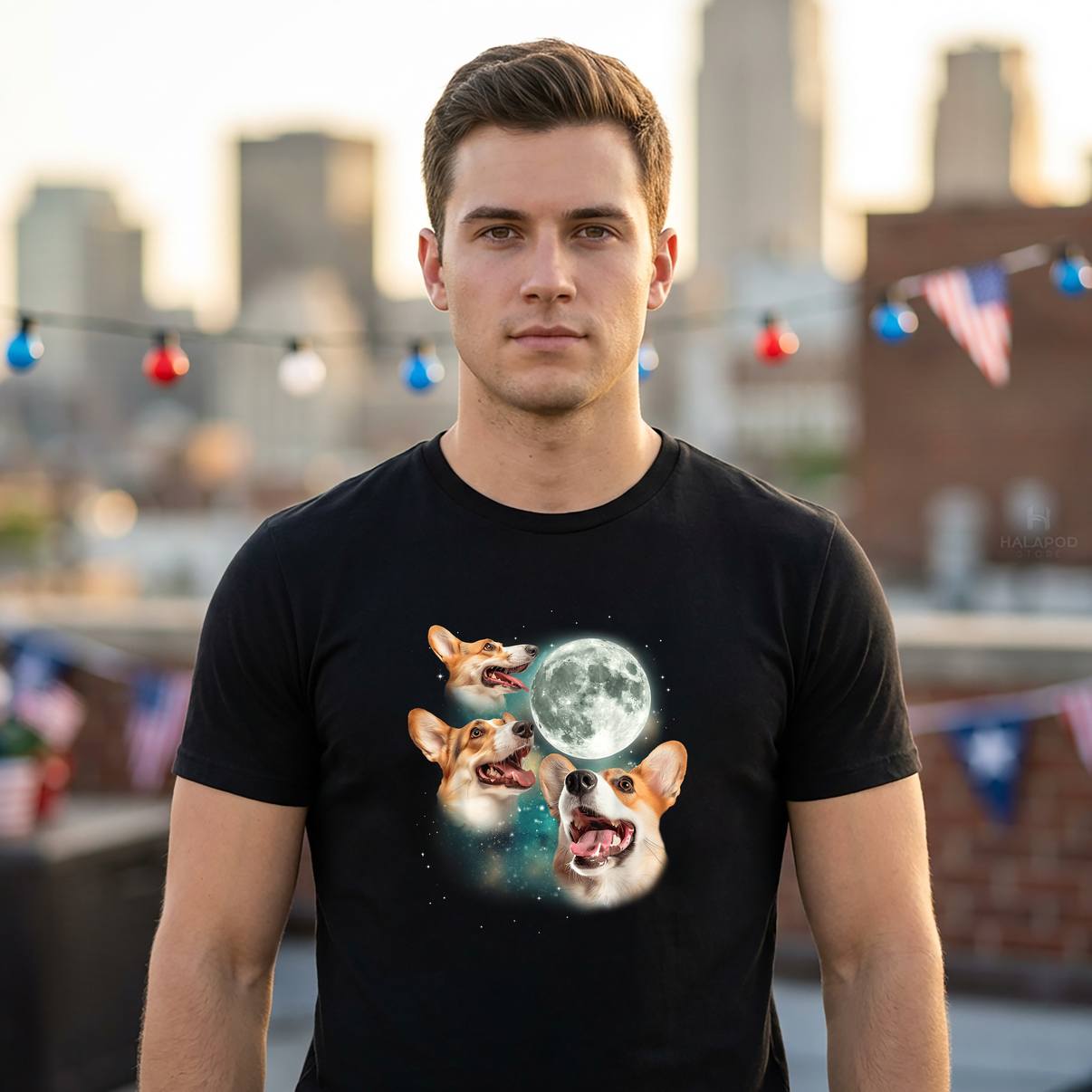 Three Corgi Moon 3 Cute Pups Shirt Howling Dog Meme Canine Graphic Mens