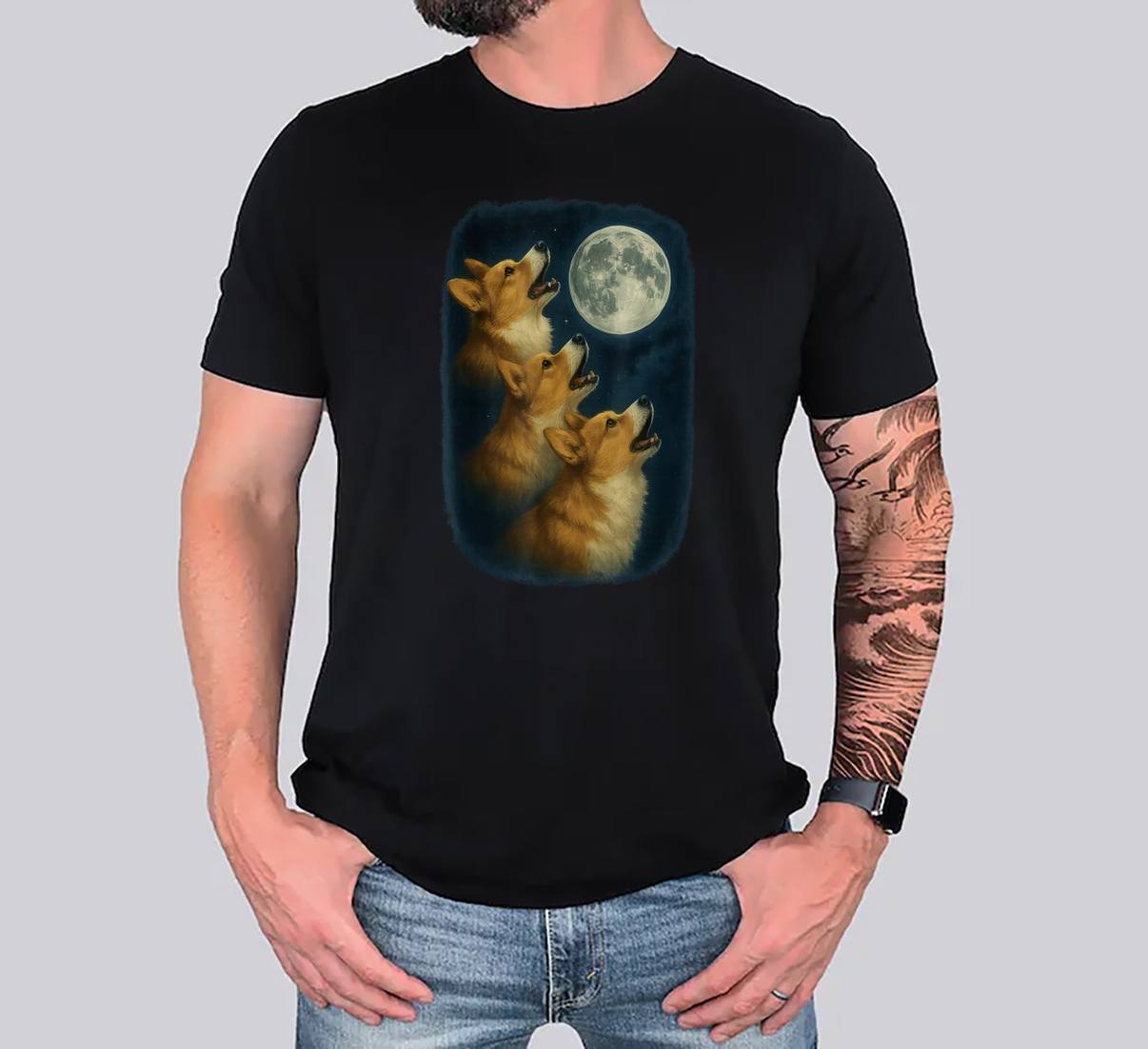 Three Welsh Corgi Pembroke T-Shirt Howling At The Moon 3 Corgi Graphic Men