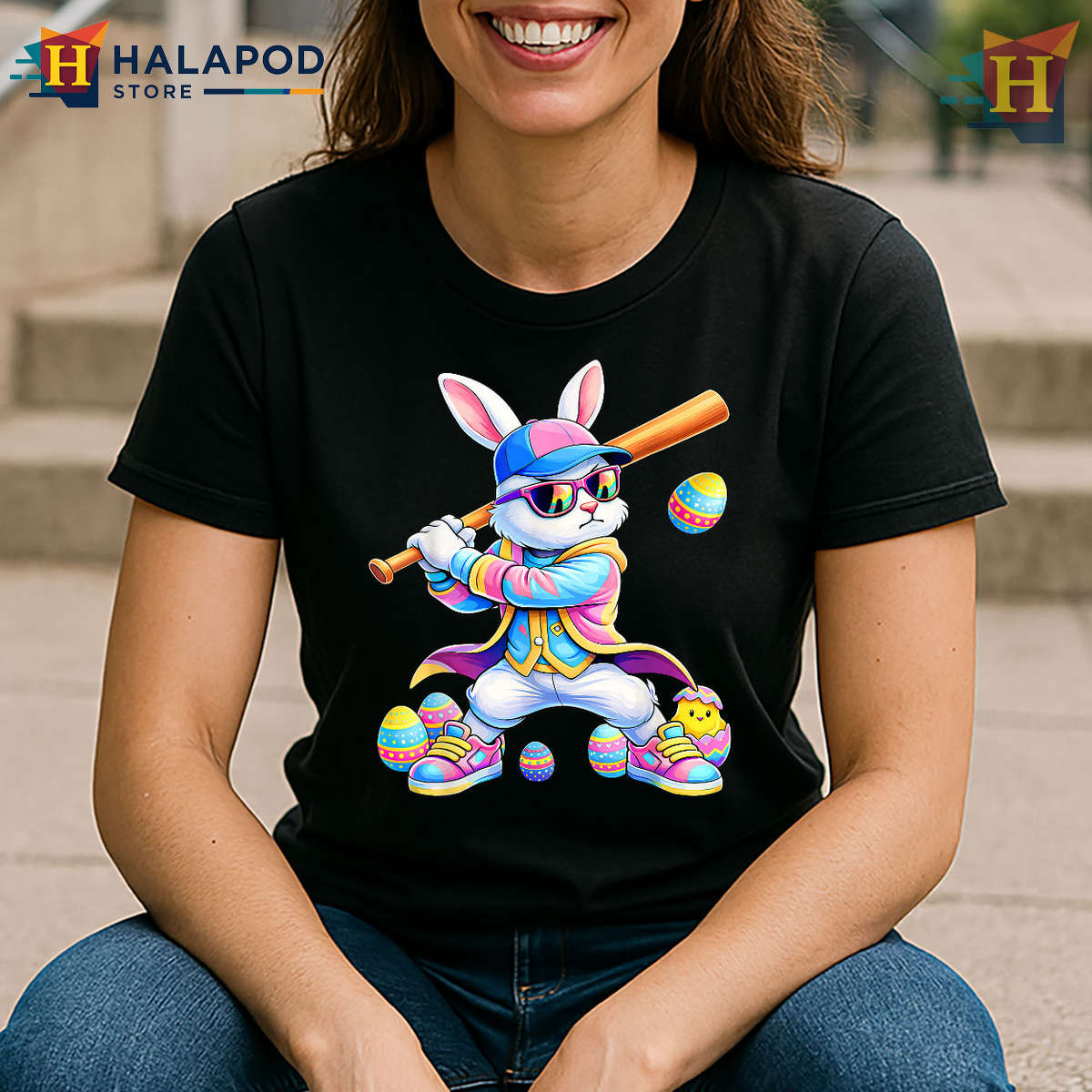 Tie Dye Baseball Rabbit Graphic Trendy Funny Easter Shirts