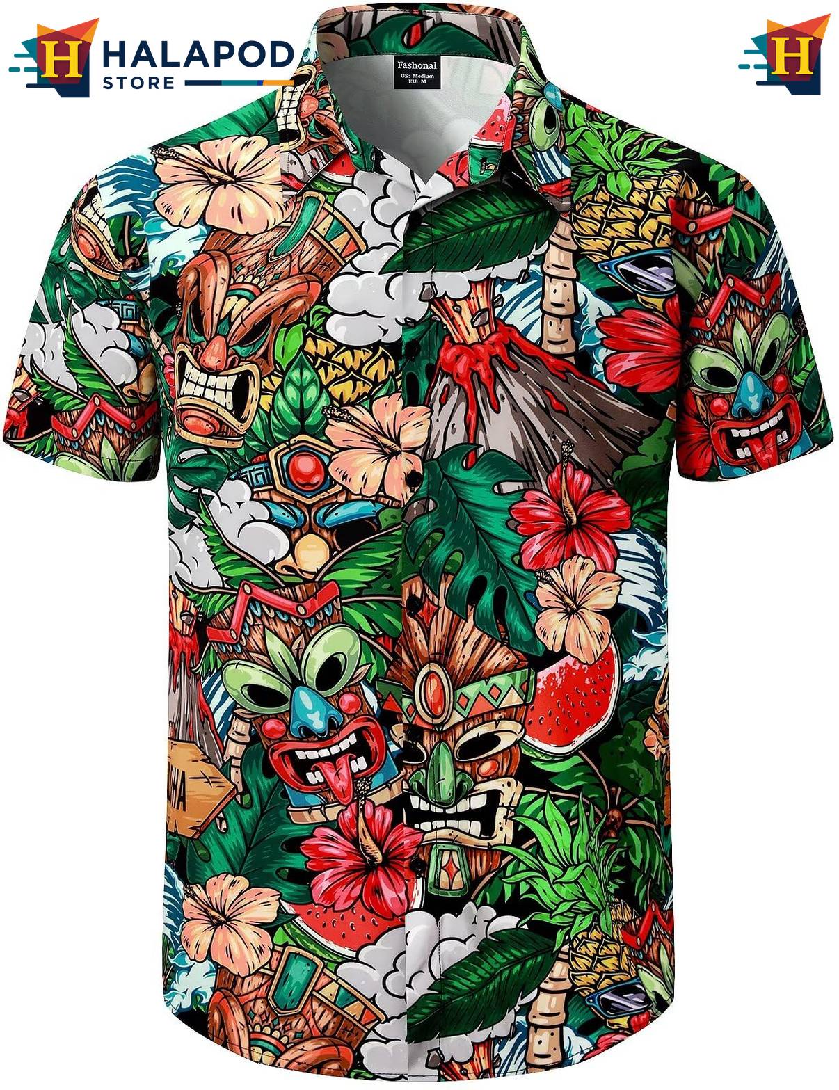 Tiki Tropical Hawaiian Shirt Mens Aloha Beach Button Down Short Sleeve Tops