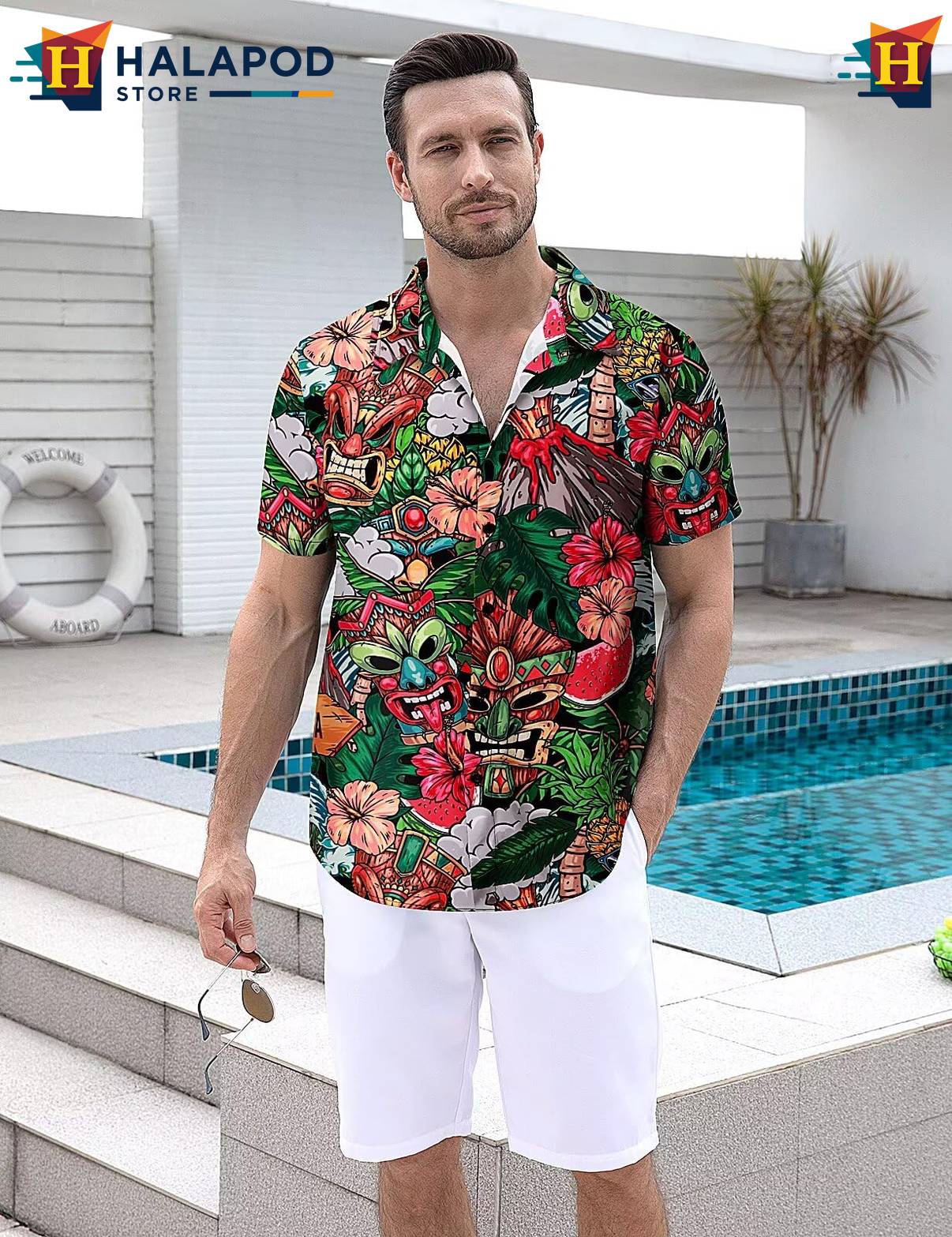 Tiki Tropical Short-sleeve button-up shirt Mens Aloha Beach Button Down Short Sleeve Tops