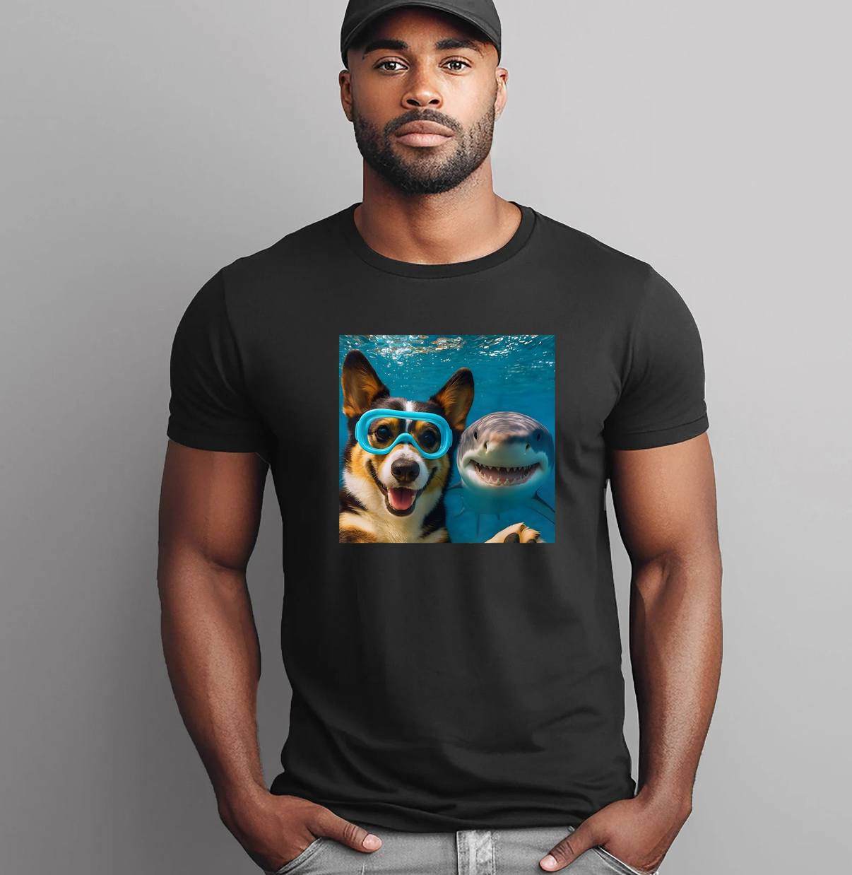 Tri Color Corgi Dog Selfie Shirt With Shark Ocean Lovers Funny Graphic Men