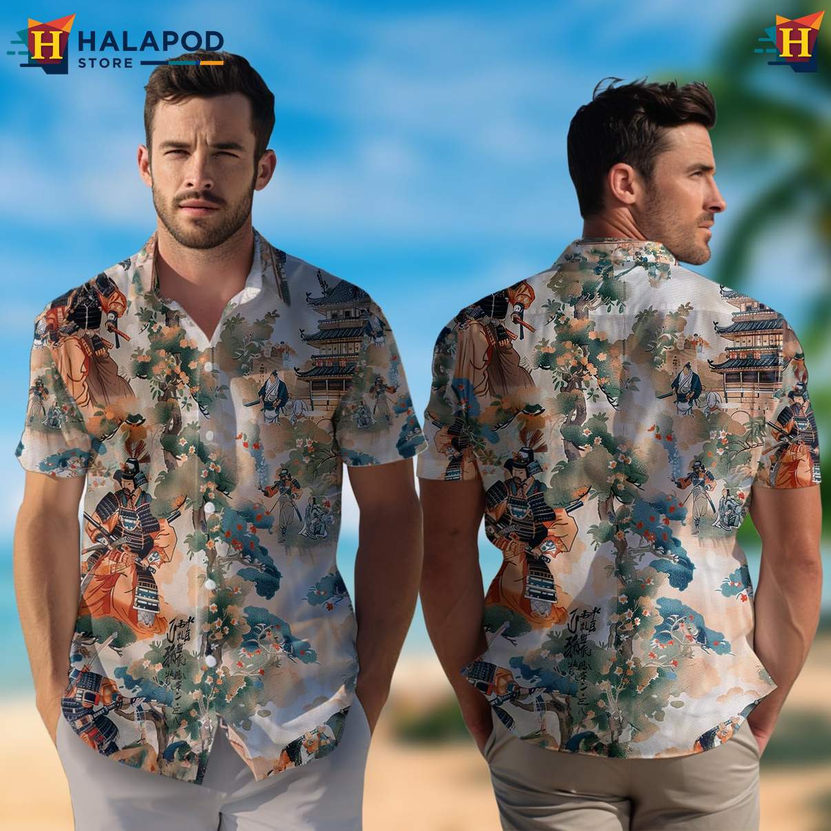 Tropical Samurai Japanese Warrior Shirt Mens Casual Button Down Beach Outfit