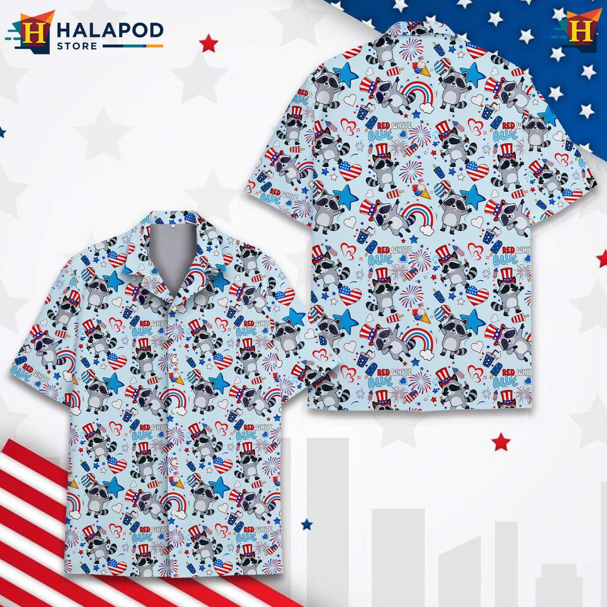 USA Flag Patriotic Raccoon Short-sleeve button-up shirt 4th Of July Button Down Clothing