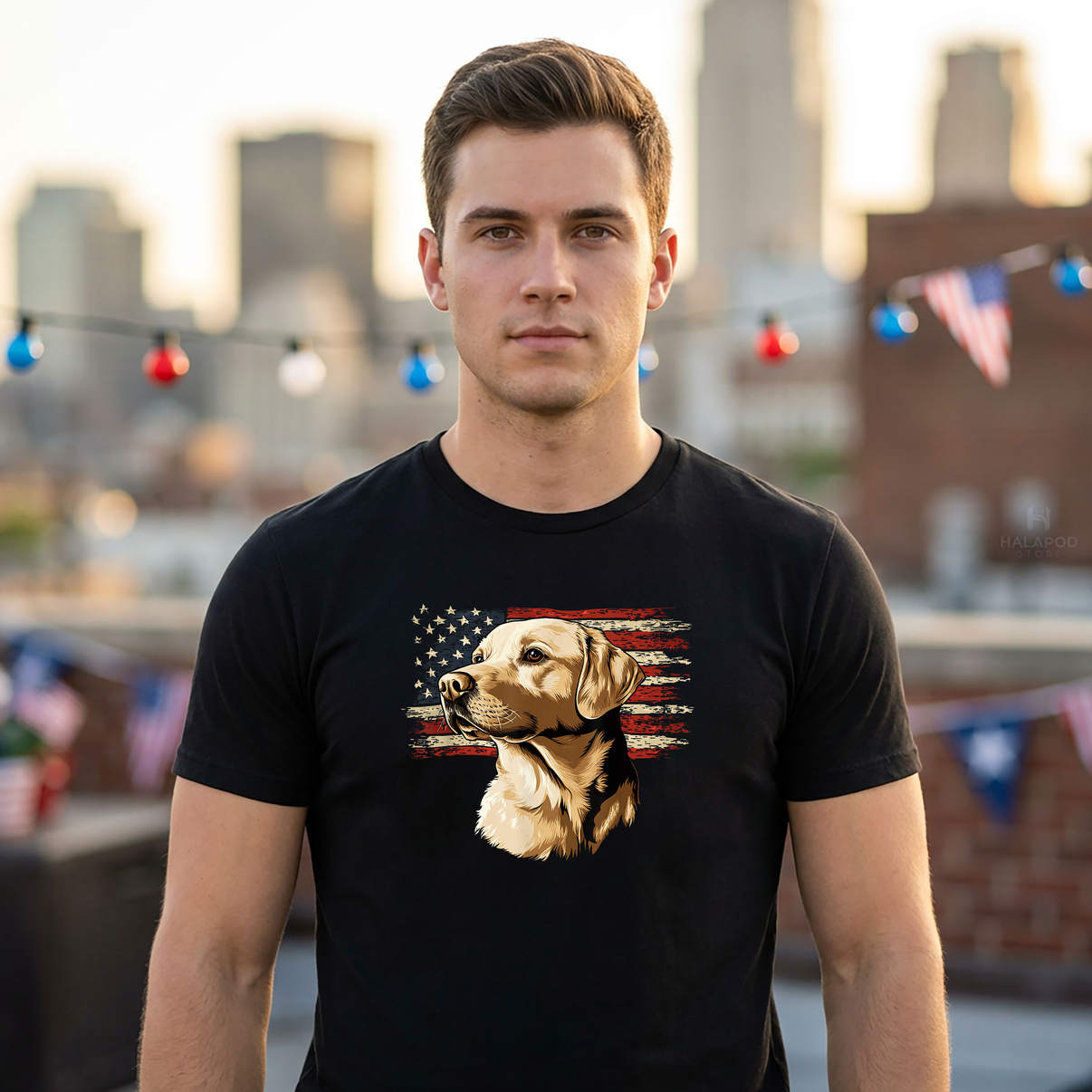 USA Flag Yellow Labrador Retriever Dog Tee Patriotic Graphic Casual Mens
