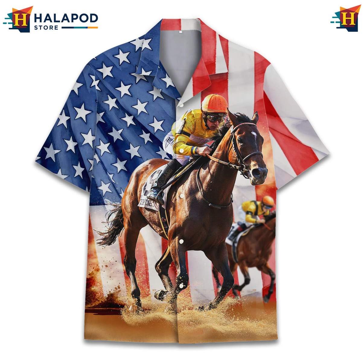 USA Horse Racing Patriotic Short-sleeve button-up shirt 4th Of July Button Down Apparel