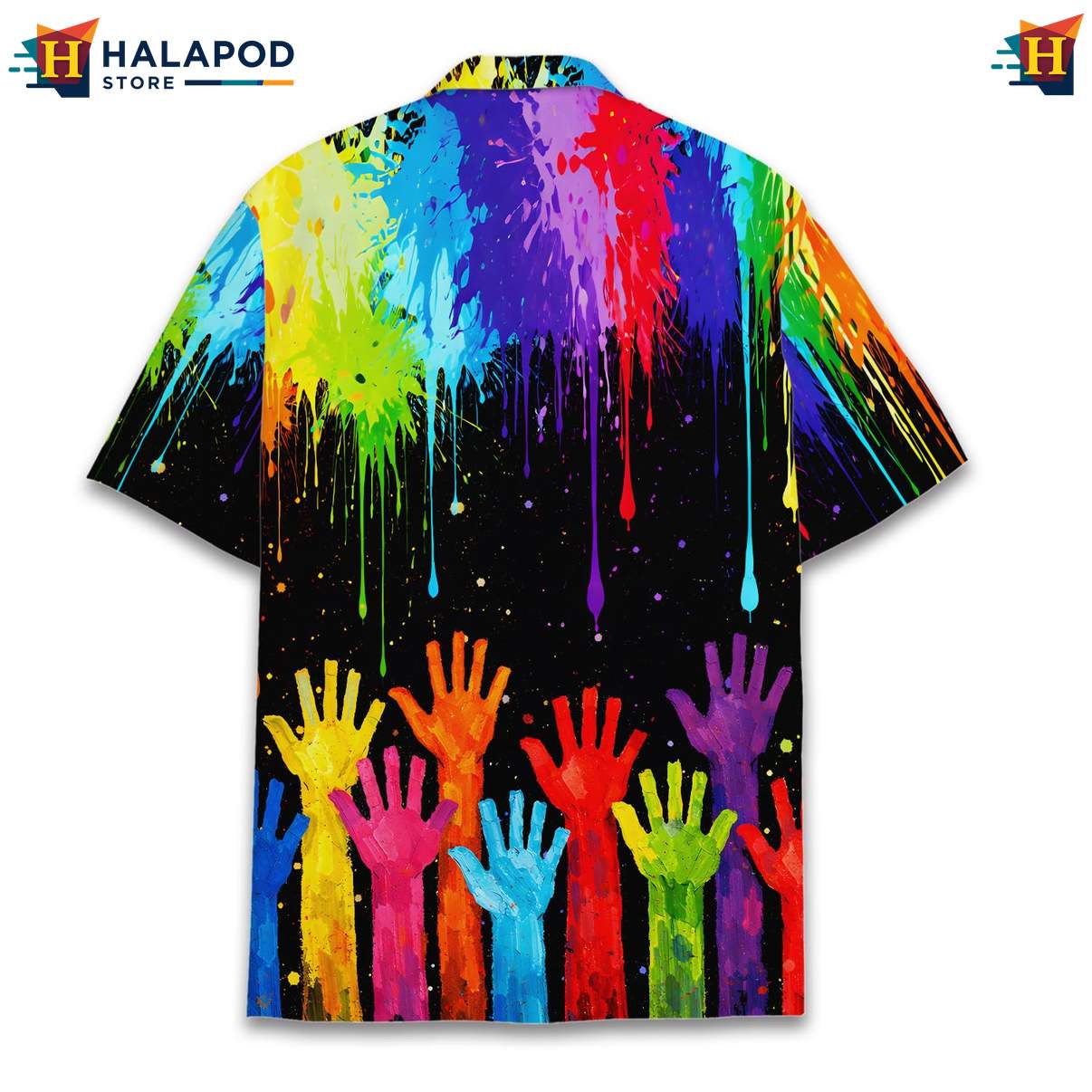 Vibrant Artistic Aloha TShirt, Black Rainbow Hand Design Summer Button Down For Men