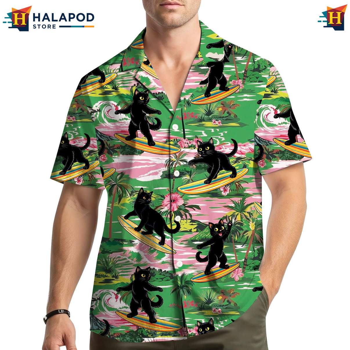 Vibrant Black Cat Aloha Shirt, Fun Summer Button Down For Cat Lovers