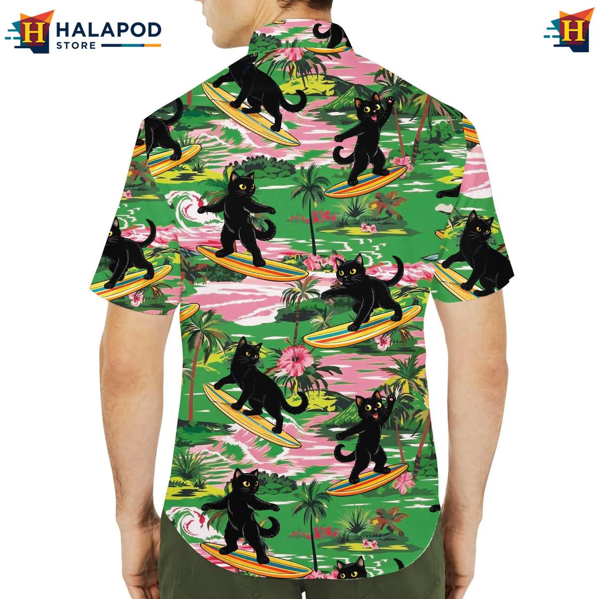 Vibrant Black Cat Aloha Tee Shirt, Fun Summer Button Down For Cat Lovers