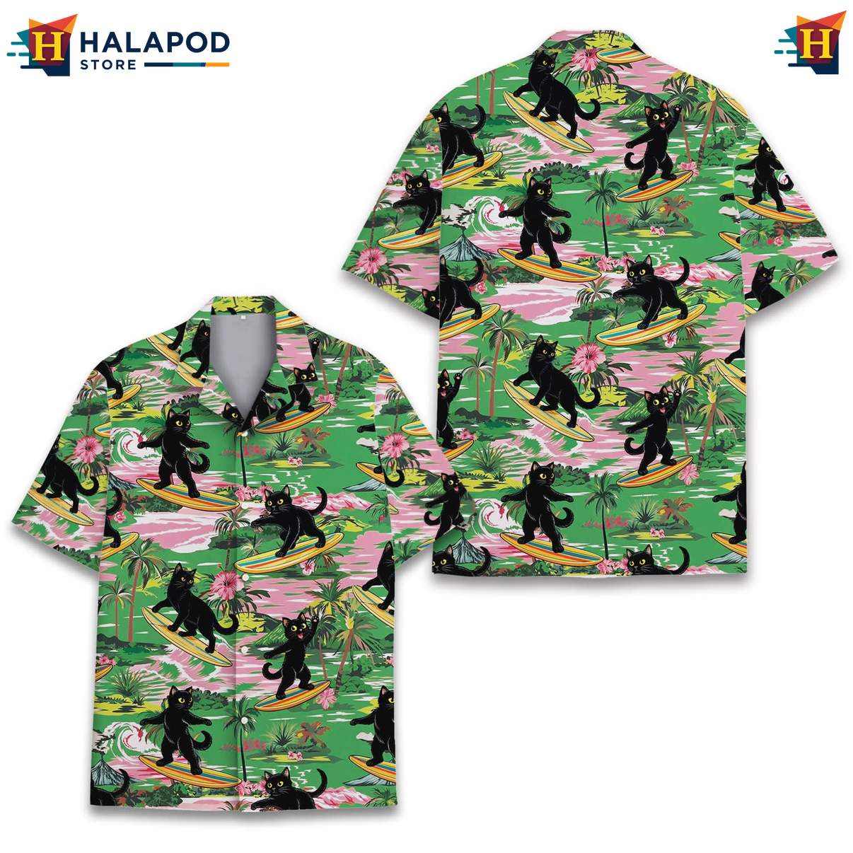 Vibrant Black Cat Aloha T-Shirt, Fun Summer Button Down For Cat Lovers