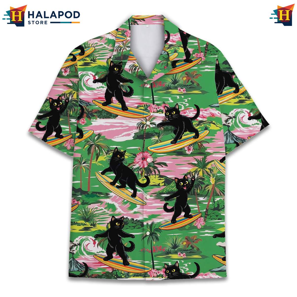 Vibrant Black Cat Aloha TShirt, Fun Summer Button Down For Cat Lovers