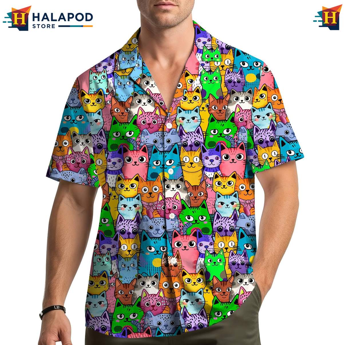 Vibrant Cat Aloha Shirt, Multicolor Summer Shirt For Cat Lovers, Beach Party Style