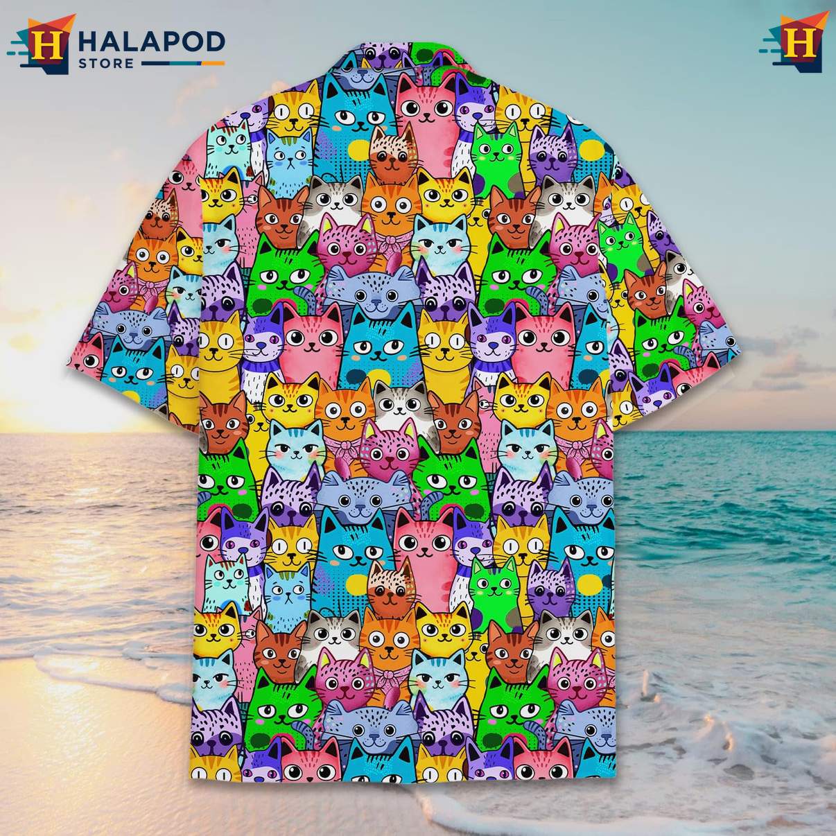 Vibrant Cat Aloha T-Shirt, Multicolor Summer Shirt For Cat Lovers, Beach Party Style