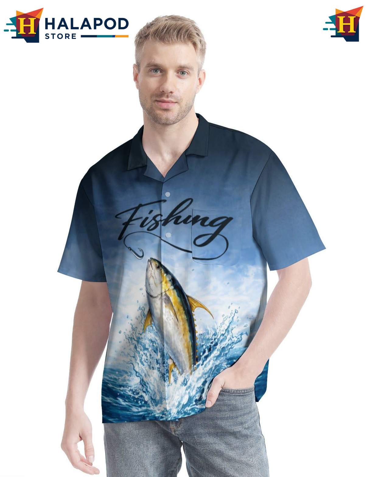 Vibrant Tuna Aloha Tee Shirt, Fishing Tropical Button Up Shirt For Men