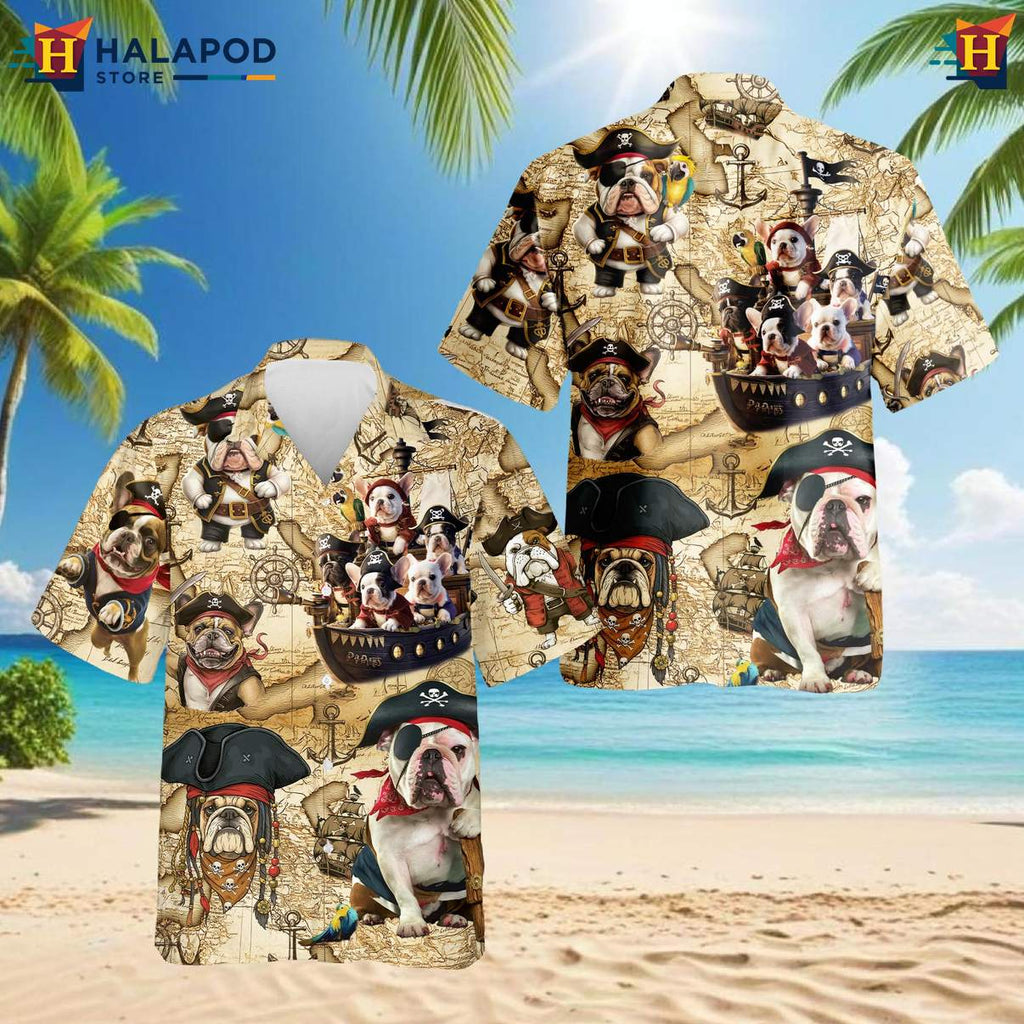 Vintage Bulldog Pirate Aloha Shirt Mens Dog Lover Gift Retro Beach Outfit
