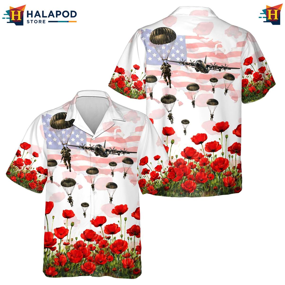 Vintage Military Tropical Shirt, Patriotic Usa Flag Design With Red Poppies And Parachutists