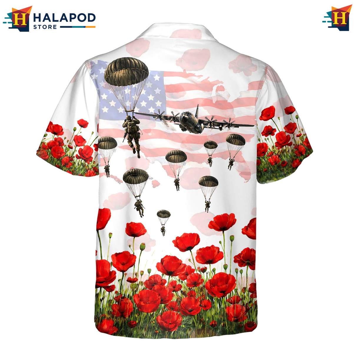 Vintage Military Short-sleeve button-up shirt, Patriotic Usa Flag Design With Red Poppies And Parachutists